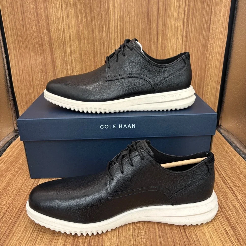 Cole Haan Grand+ Plain Toe Oxford Mens 10 Wide Black Leather Ivory Hybrid NEW
